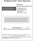 Diagrams and specifications for 6x30 duct opening air return with 8x32 face plate and beveled edges, cast aluminum material.