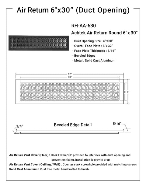 Diagrams and specifications for 6x30 duct opening air return with 8x32 face plate and beveled edges, cast aluminum material.