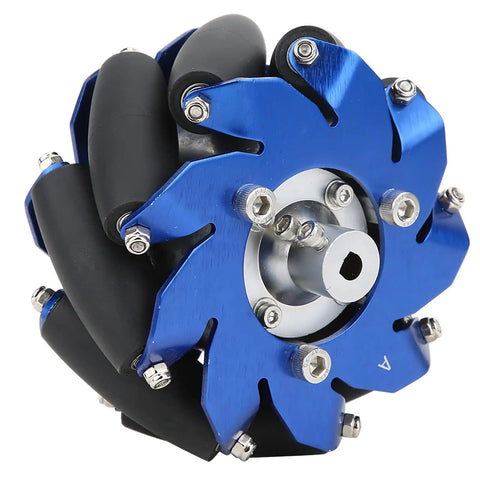 4 Inch Mecanum Wheel Right Aluminum With TPU Rubber Rollers, side view showing dual bearings and omni directional capability.