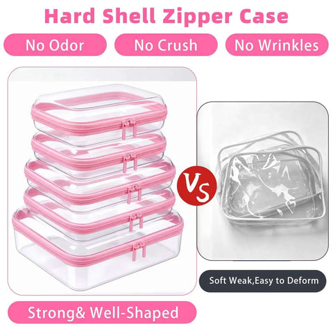 Straight Up Heavy Duty Clear Hard Shell Zipper Cases, pink zippered cases stacked for organizing baby essentials.