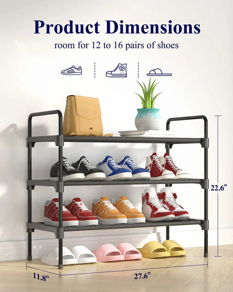 Entryway Shoe Rack With Mad Capacity, Space Saving Front Door Organizer, 27.6 Inch Wide Black Shoe Shelf, dimensions 27.6x11.8x22.6 inches