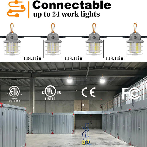Heavy-Duty Linkable LED Work Light With 8700 Lumen Output And 500W Equivalent, displayed in industrial setting, connectable up to 24 lights.
