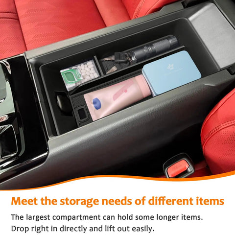 Center Console Tray Organizer For 2025 2026 Toyota Camry XSE XLE SE LE Armrest Storage Box with items inside, installed view