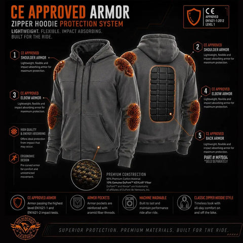 Streetguard Riding Hoodie With Aramid Armor And CE Shoulder Elbow Protection, Heavy-Duty Denim Blend, Black, XXL Size, product features