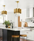 Dope Modern Crystal Pendant Light Fixture Round Hanging Chandelier with Gold Finish in kitchen, two-tier crystal design.