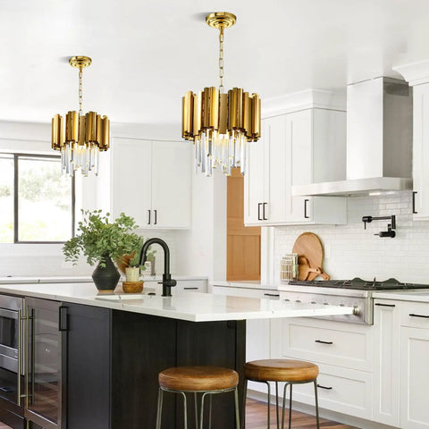 Dope Modern Crystal Pendant Light Fixture Round Hanging Chandelier with Gold Finish in kitchen, two-tier crystal design.