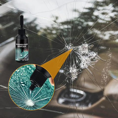 DIY Glass Repair Kit For Windshields And Chips, Quick Fix Crack Liquid shown with cracked windshield