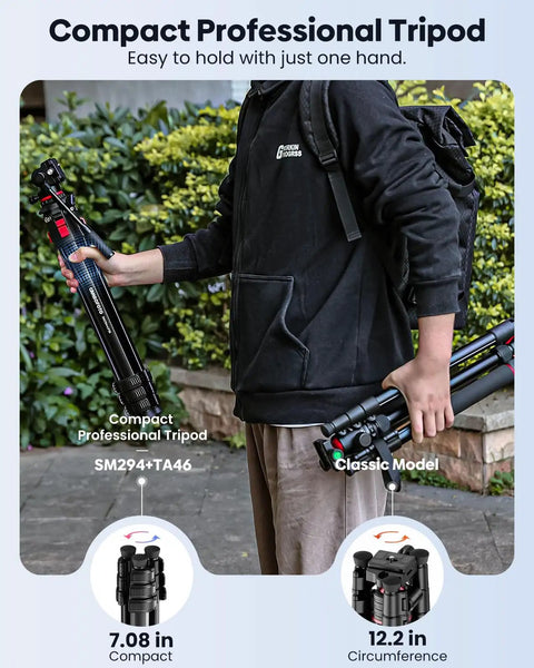 Person holding 68 Inch Fluid Head Camera Tripod For DSLR Camcorders, compact and classic model showcases, outdoor setting.