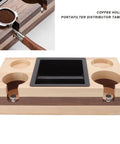 Premium Walnut Wood Coffee Knock Box And Espresso Tamper Stand Holder With Anti Slip Base displayed with tamper and portafilter.