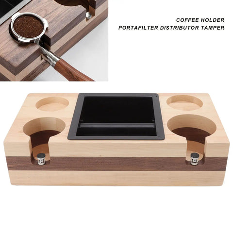 Premium Walnut Wood Coffee Knock Box And Espresso Tamper Stand Holder With Anti Slip Base displayed with tamper and portafilter.
