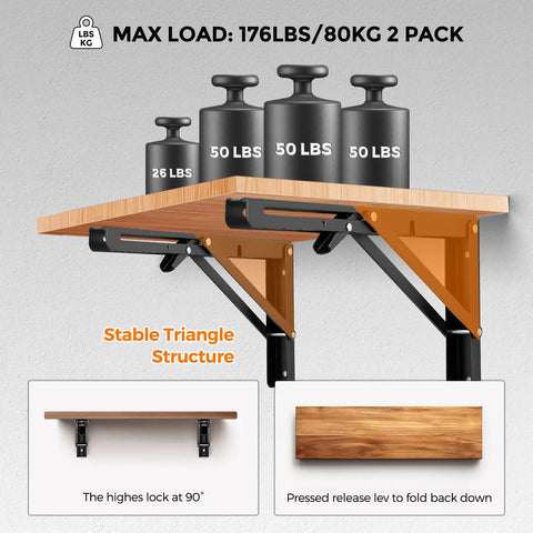 Rugged Matte Black Folding Shelf Brackets, 12 Inch Wall Mounted Hardware For Garage And Workshop with weights