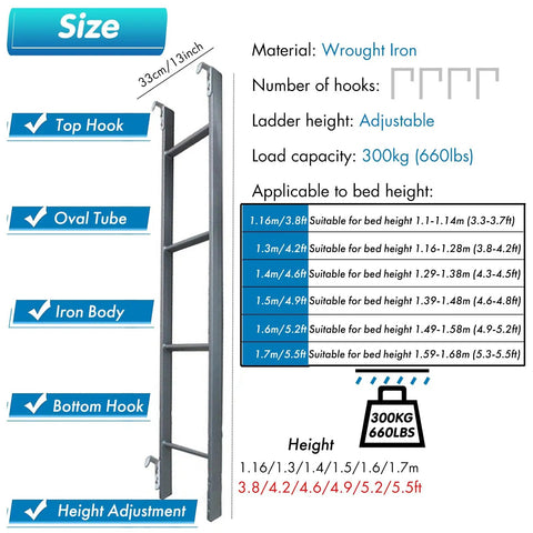 Sturdy Bunk Bed Ladder With Handrails For Kids And Seniors Adjustable From 3.8ft To 5.5ft silver finish with specs and measurements