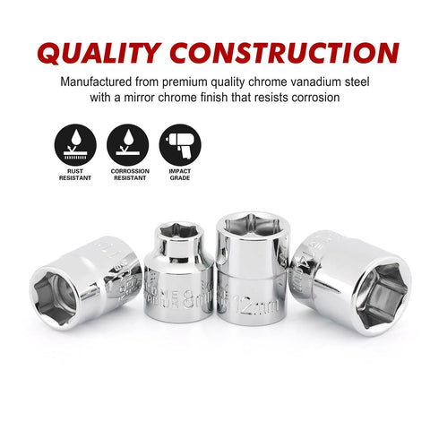Three Eighths Inch Drive Stubby Socket Set, 14 Piece Six Point Metric Sockets With Mirror Chrome Finish