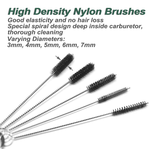 High Density Nylon Brushes in varying diameters for Pro Grade Carburetor Cleaner Tool Kit, designed for thorough cleaning.