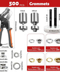 Grommet Kit With 1/4 And 3/8 Inch Punches 500 Metal Eyelets Heavy Duty Handheld Eyelet Pliers Rivet Press Tool Set overview