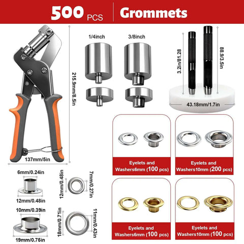 Grommet Kit With 1/4 And 3/8 Inch Punches 500 Metal Eyelets Heavy Duty Handheld Eyelet Pliers Rivet Press Tool Set overview