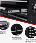 Close-up of the 21 Inch Heavy Hitter Metal Tool Box With Four Smooth Drawers And Tight Auto Latching Steel Tool Chest Black features.