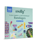 160 Count Refill Pack Of Flex Fabric Bandages With Waterproof And Glow In The Dark Options, box with various colorful bandage designs