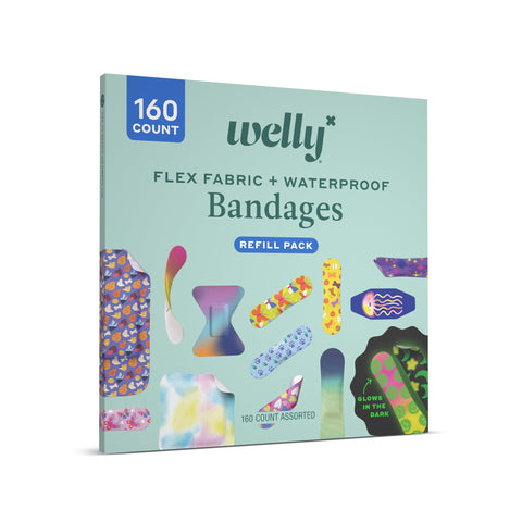 160 Count Refill Pack Of Flex Fabric Bandages With Waterproof And Glow In The Dark Options, box with various colorful bandage designs