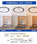 18 Inch Ceiling Fan With Light Kit Dope LED Lighting showing dimmable lights in 3 modes 6000K, 4500K, 3000K over kitchen island.