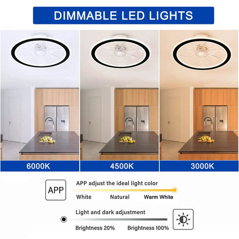 18 Inch Ceiling Fan With Light Kit Dope LED Lighting showing dimmable lights in 3 modes 6000K, 4500K, 3000K over kitchen island.