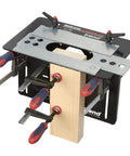 Dead On Mortise And Tenon Jig For Plunge Routers, adjustable jig with clamps holding wood for precise cuts.