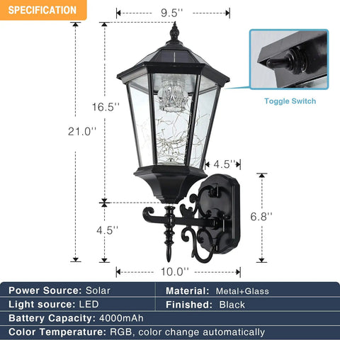 Dimensions and features of Large 21 Inch Solar Wall Lantern Outdoor Light Dimmable Dusk To Dawn Waterproof Aluminum Housing Glass Fixture Two Pack