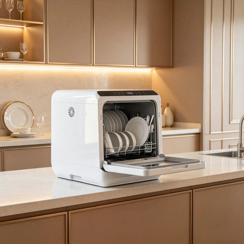 Snappy Portable Countertop Dishwasher With Built In One Point Six Gallon Tank For No Sweat Cleaning Top Shelf Results And Quick Faucet Hookup Without Messy Drain Lines, white, open with dishes.