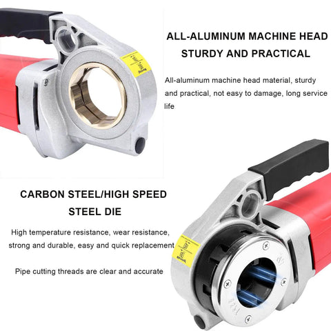 Heavy-Duty Electric Pipe Cutter And Threader Kit 2300W Motor close-up of all-aluminum machine head and carbon steel die.