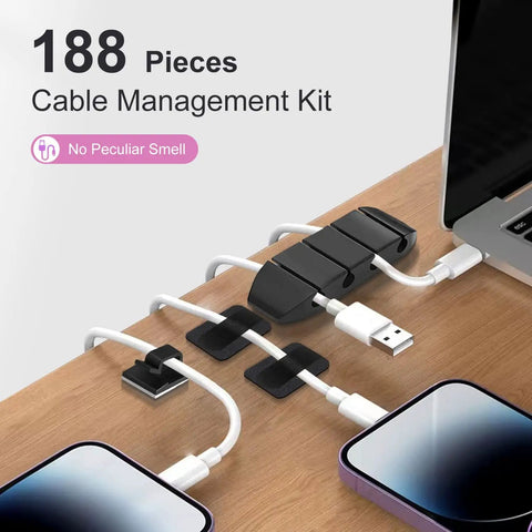 Desk setup with All In One Cable Management Kit For Desk Car And Office With 188 Pieces Including 60 Cable Clip Holders in use
