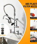 Heavy Duty Commercial Wall Mount Sink Faucet With Pull Down Sprayer Built Like A Tank 360 Degree Swivel 8 Inch Adjustable Center, ABS plastic filter nozzle.