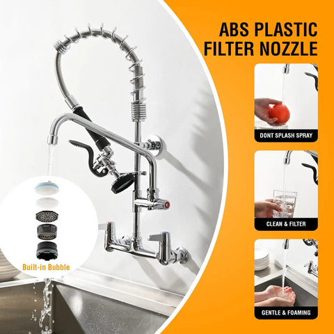 Heavy Duty Commercial Wall Mount Sink Faucet With Pull Down Sprayer Built Like A Tank 360 Degree Swivel 8 Inch Adjustable Center, ABS plastic filter nozzle.