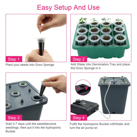 4 Bucket Hydroponics Kit With Air Pump And Germination Tray DWC System instructions for easy indoor plant growing