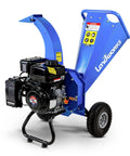 Compact Mini Wood Chipper Shredder Mulcher With 7HP Power for yard debris, features large extended feeding chute, blue design.