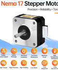 Nema 17 stepper motor, front view: silver faceplate, black housing, protruding shaft, side 4-wire connector.