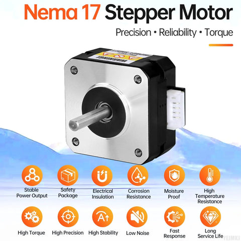 Nema 17 stepper motor, front view: silver faceplate, black housing, protruding shaft, side 4-wire connector.