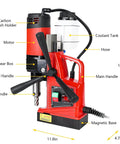 1300W Portable Magnetic Drill Press For Steel Beams And Metalworking Projects With 2 Inch Boring Capacity 810 Rpm Variable Speed And Ten Speed Settings labeled parts and features of the drill press.