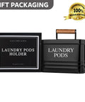 Modern Farmhouse Metal Laundry Pods Holder With Lid in black, gift packaging shown, space saving organizer holds 81 pods.