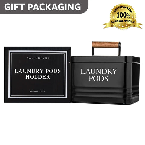 Modern Farmhouse Metal Laundry Pods Holder With Lid in black, gift packaging shown, space saving organizer holds 81 pods.