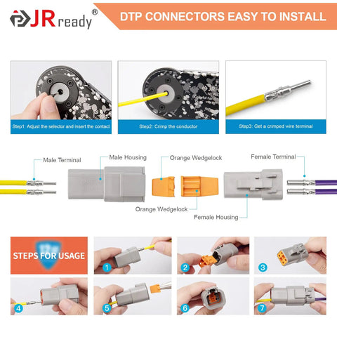 Waterproof 25A Deutsch DTP Connector Kit Size 12, 2 Pin assembly instructions with step-by-step visuals and labeled parts