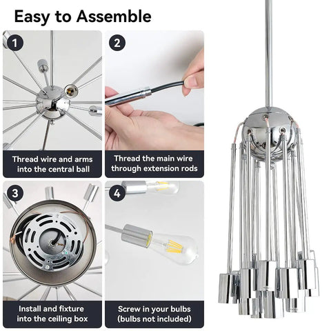 Assembly process of Mid Century Modern Pendant Light 6 Light Sputnik Chandelier In Black And Gold With Adjustable Arms