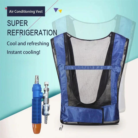 Essential Welding Cooling Vest For Industrial Workers In Extreme Heat shown with air compressor, blue mesh design for cooling relief.