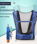 Industrial Cooling Vest Powered By Filtered Compressed Air For Welders And Construction Crews Kick Heat To The Curb And Stay Fresh On Site Without Batteries Or Power Cords Heavy Duty Fabric Keeps You Chill On Hot Work Zones, blue mesh fabric with a cooling air setup.