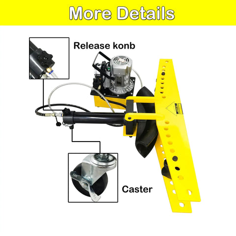 INTSUPERMAI Electric Hydraulic Pipe Bender For Round Tubes 0.1 To 0.24 Inch Wall Thickness With 110V Power And 10 Dies detailed view showing release knob and caster.