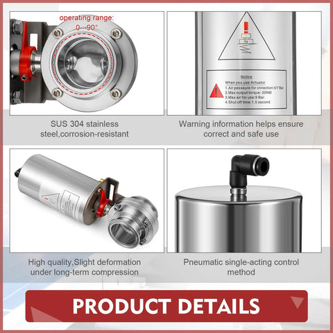 2-inch tri-clamp sanitary butterfly valve in SS304 stainless steel with a pneumatic single-acting actuator (front view)