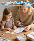 Creative bonding time with DIY button pins; 3 inch clear acrylic badge blanks shown with a mother and child crafting together.