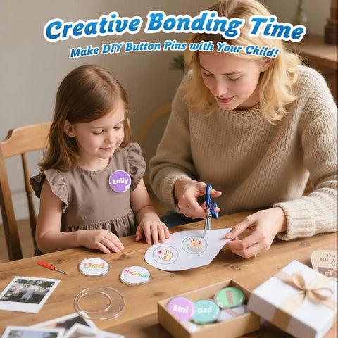 Creative bonding time with DIY button pins; 3 inch clear acrylic badge blanks shown with a mother and child crafting together.