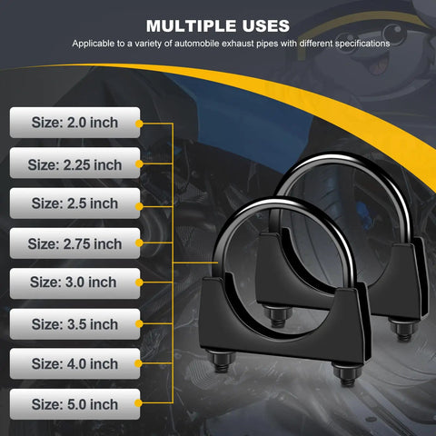 Heavy-Duty 5.0 Inch Exhaust Clamps Set showing multiple sizes and rust-proof black saddle-style U-bolt clamps
