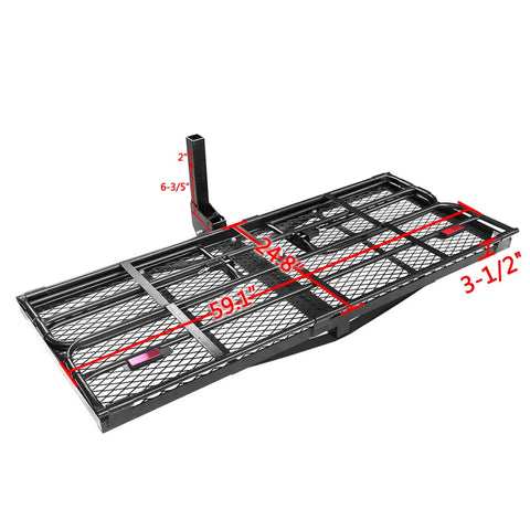 Heavy Duty Hitch Mount Cargo Carrier For 2 Inch Receiver 60 By 24 By 14.4 Inch Folding Luggage Rack With Mesh Surface And Raised Rails Rust Resistant Steel with measurements