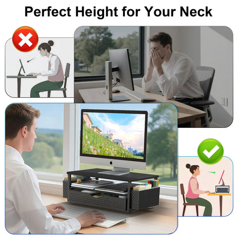 Monitor Stand Riser With Drawer And Pen Holders, Desk Organizer For Office Use showing ergonomic setup and workspace improvement.